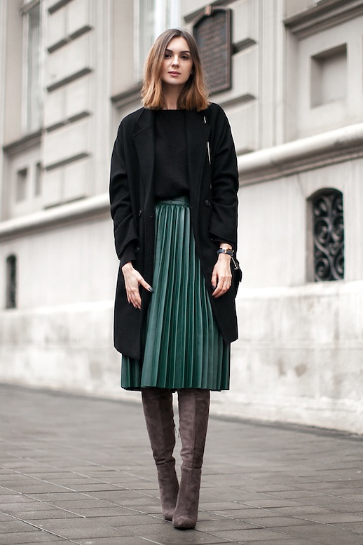 Le-Fashion-Blog-Blogger-Style-Black-Longline-Coat-Sweater-Green-Midi-Pleated-Skirt-Over-The-Knee-Suede-Boots-Via-Fashion-Agency