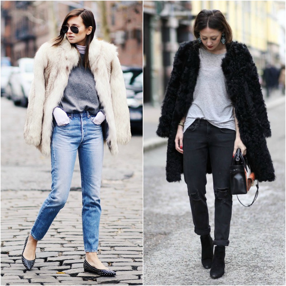 winter outfits - 2015 - fashion bloggers blog magazine street style - black boyfriend jeans - fur coat - monochrome - layering