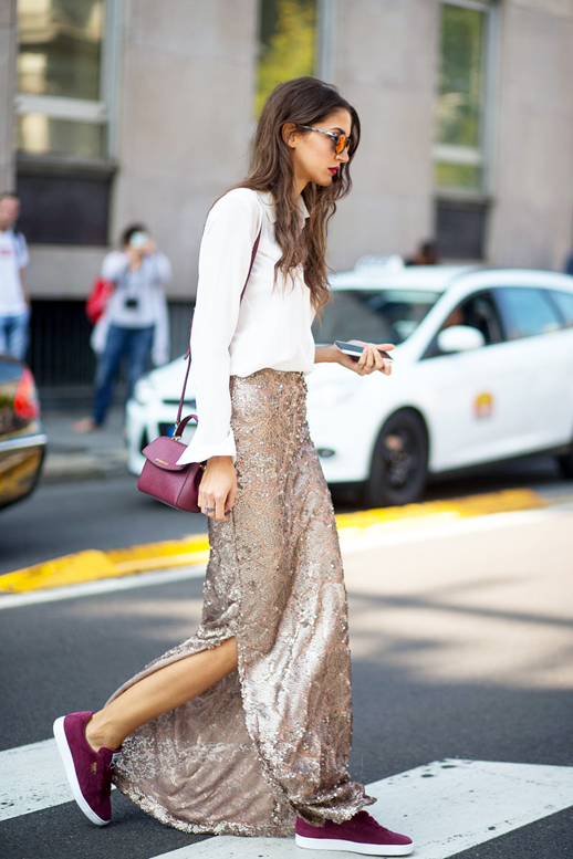 le-fashion-blog-street-style-mfw-sporty-chic-sunglasses-white-top-long-sequined-skirt-crossbody-bag-burgundy-sneakers-via-harpers-bazaar