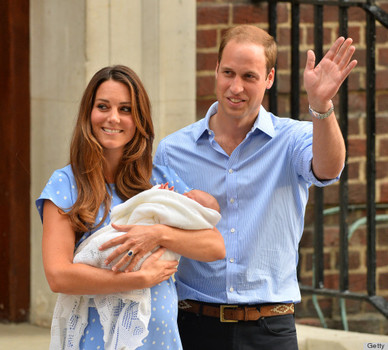 Prince William (R) and Catherine, Duchess of Cambridge show their new-born baby boy to the world's media outside the Lindo Wing of St Mary's Hospital in London on July 23, 2013. The baby was born on Monday afternoon weighing eight pounds six ounces (3.8 kilogrammes). The baby, titled His Royal Highness, Prince (name) of Cambridge, is directly in line to inherit the throne after Charles, Queen Elizabeth II's eldest son and heir, and his eldest son William. AFP PHOTO / BEN STANSALL (Photo credit should read BEN STANSALL/AFP/Getty Images)